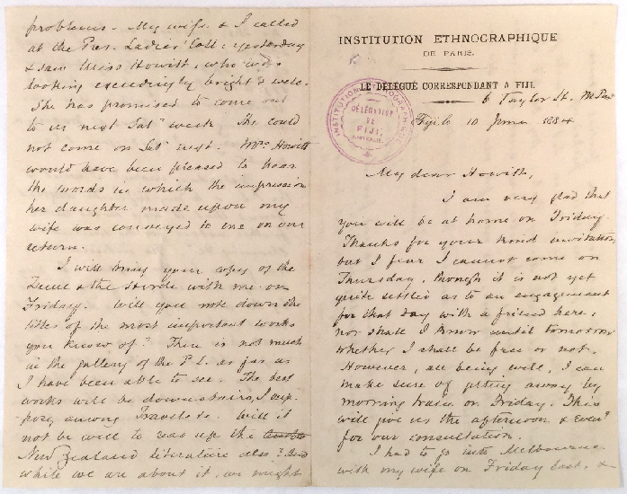 Letter from Fison to Howitt, 1884 (Museum Victoria, XM 159).